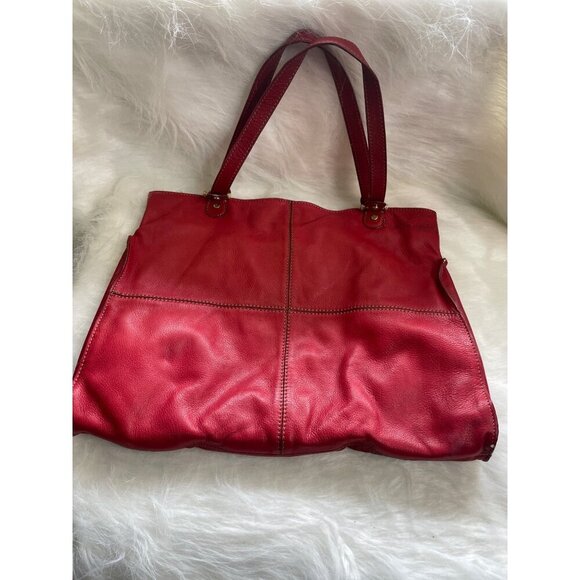 Large Red Leather Tote Bag With Double Handles Front Zipper Pocket - Picture 7 of 14